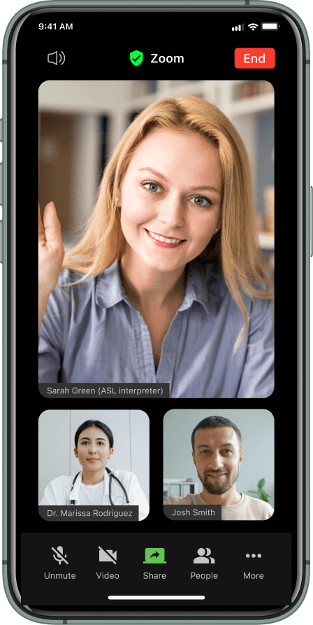 A screenshot of the improved zoom mobile UI for telehealth appointments for d/Deaf and hard-of-hearing individuals
